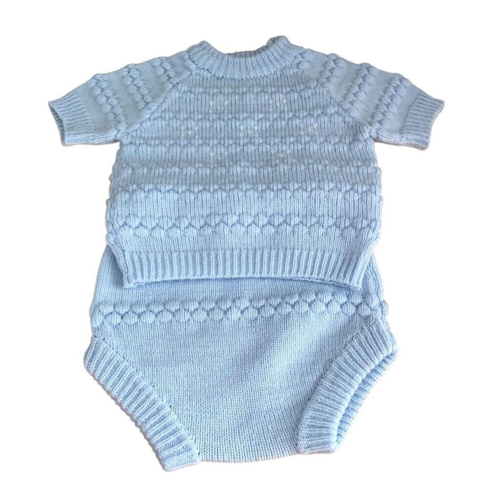 Vintage 60s Bubble Knit Sweater Set Boys 9  12M Blue White Top Bloomers Sock NEW